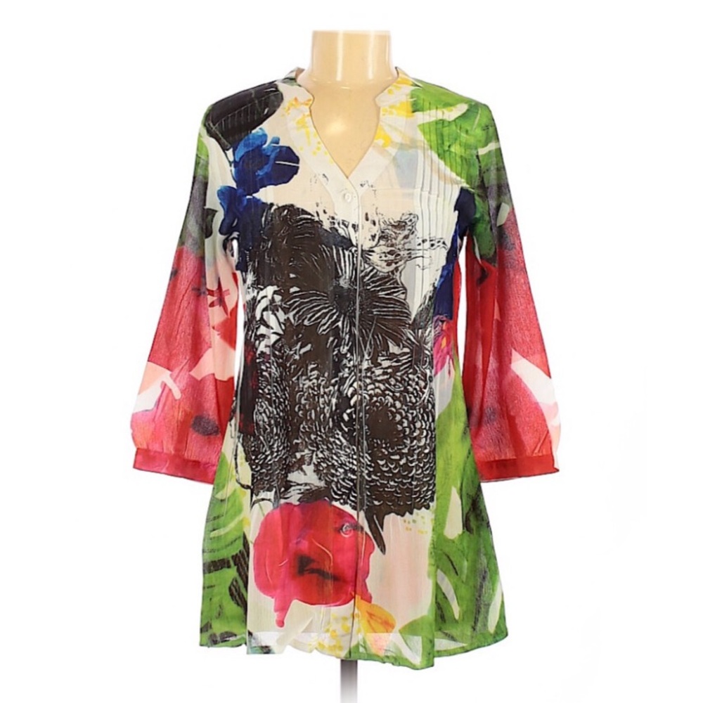 Papillon Tropical Print Semi- Sheer Button Blouse